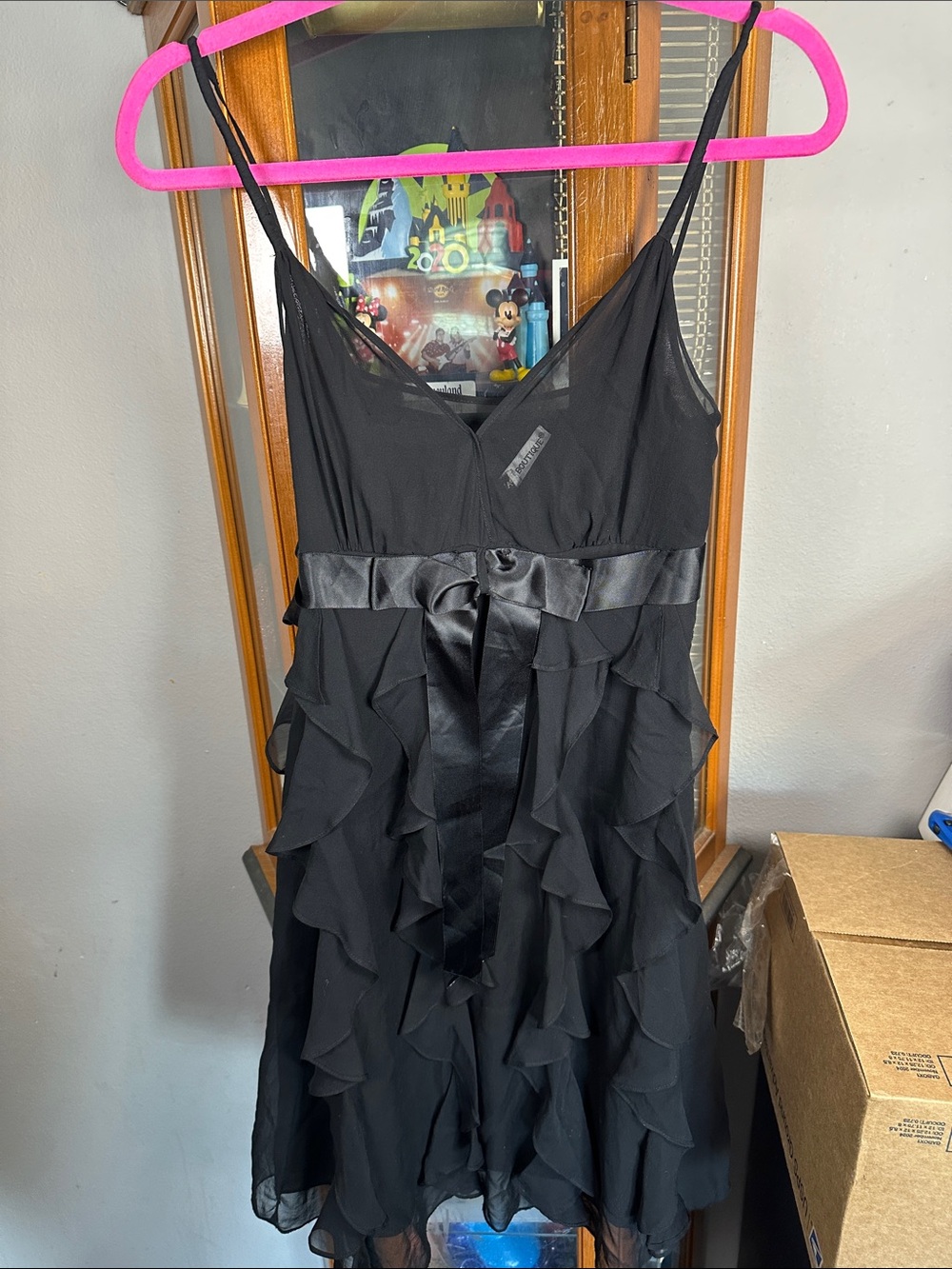 Papell Boutique Black Ruffle Chiffon Satin Tie Mini Dress